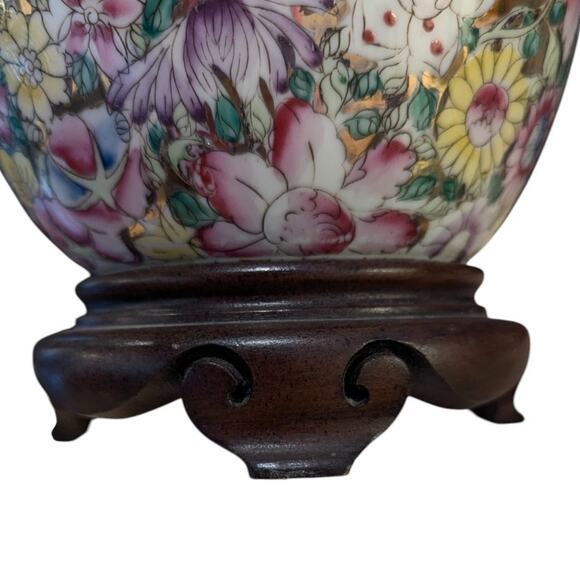 Vintage Metallic Mille Fleur Chinoiserie Ginger Jar Lamp Carved Wooden Base - Picture 11 of 15